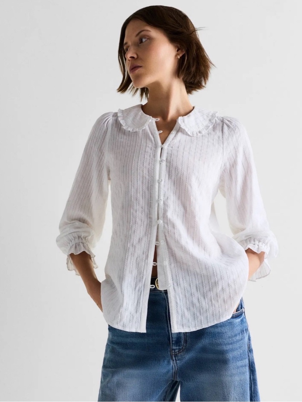 Quince Embroidered Cotton Ruffle Collar Long Sleeve Blouse - Size Large